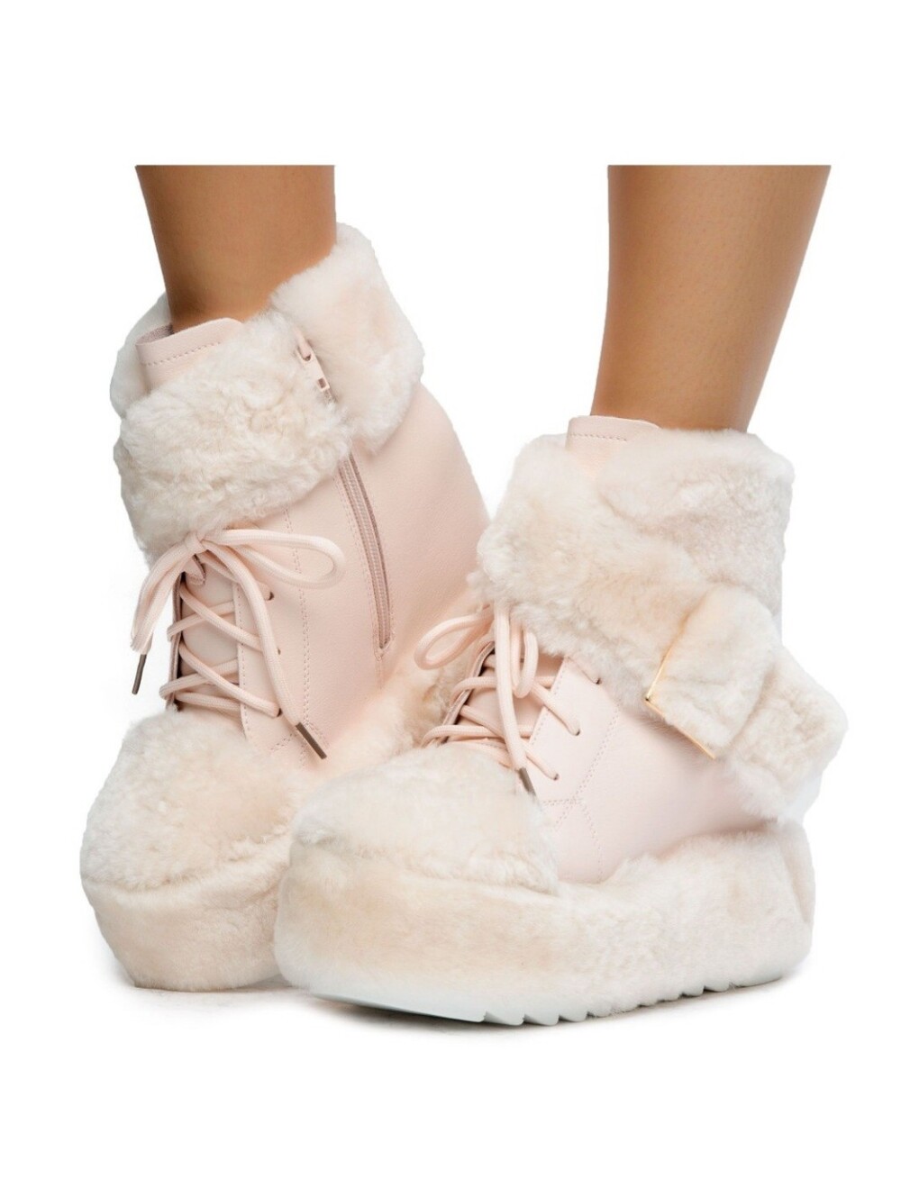Anthony Wang DlALO Plush Faux-Fur Lace-Up Winter Boots in Blush Pink